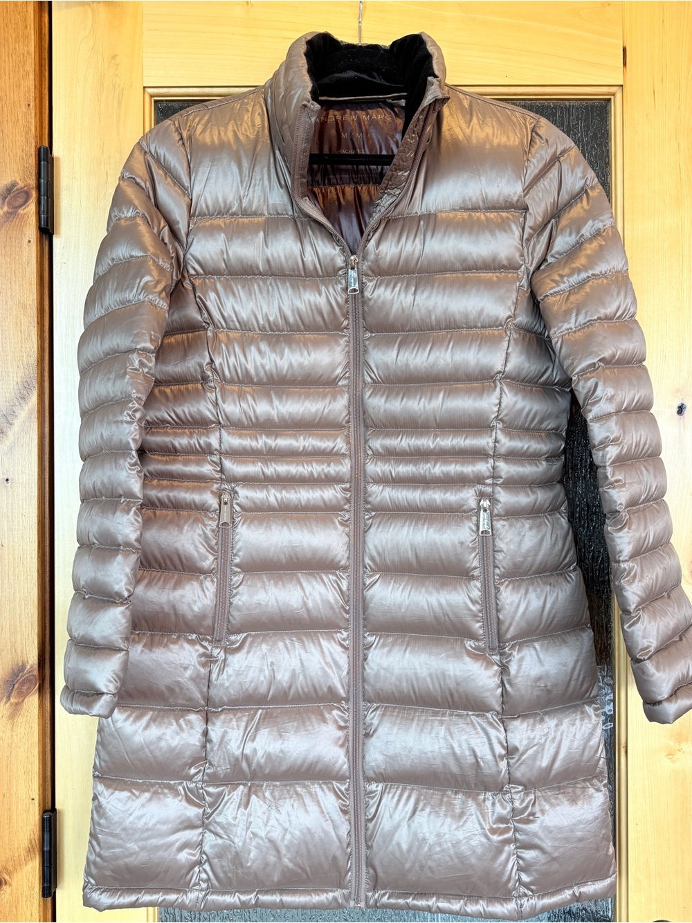 Andrew Marc Long Packable Lightweight Premium Down Quilted Puffer Coat w hood
